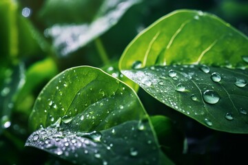 Large beautiful drops of transparent rain water on a green leaf macro. Drops of dew in the morning glow in the sun. Beautiful leaf texture in nature. Natural background. High quality Generative AI