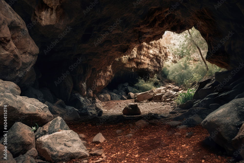 Poster beautiful view of the inside of a cave. generative ai