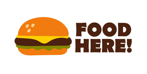 Food here cartoon cute banner for your business. Cafe, restaurant, food delivery, coffee shop, coffee house card, flyer, sticker identity with groovy burger (Full Vector)