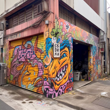 Japanese Graffiti on street wall, 80s style, Generative AI