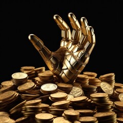 robot hand pushing through gold coins