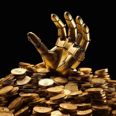 robot hand pushing through gold coins