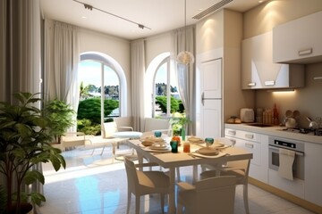 small kitchen with dining room in the resort with view background
