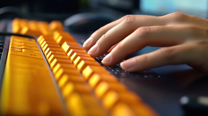 Typing on computer keyboard, closeup of fingers pressing keys. Generative ai