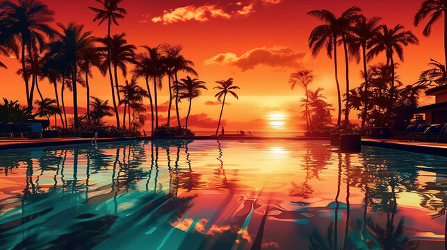 Fototapeta Luxurious beachfront resort swimming pool with tropical landscape. Generative ai