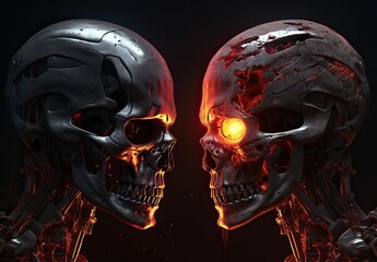 Two skulls terminator look at each other black background. Generative Ai.