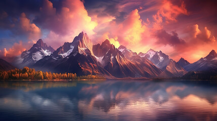 Fototapeta na wymiar Panorama of Alps mountain with sunset light reflecting in lake. Generative ai