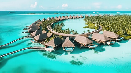 Overwater villas on tropical atoll island for holidays vacation travel and honeymoon. Generative ai - obrazy, fototapety, plakaty