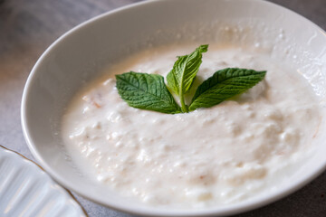 Fresh mint yogurt with garlic in white bowl in macro shot