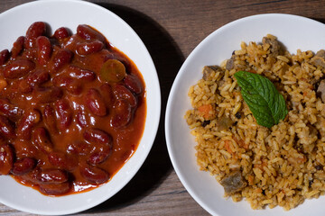 Uzbek pilaf and red Mexican bean dishes, local delicacies