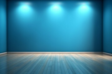 
A blue empty wall and wooden floor with captivating light reflections. An ideal interior background for presentations.