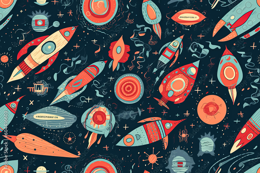 Aufkleber tile. seamless space pattern with rocket, planets, stars and comets. generative ai