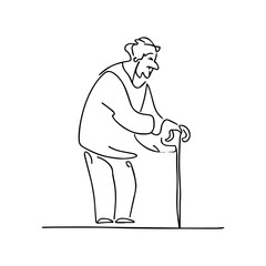 One line vector illustration. Old grandfather with a stick in his hand.