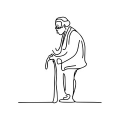 One line vector illustration. Old grandfather with a stick in his hand.
