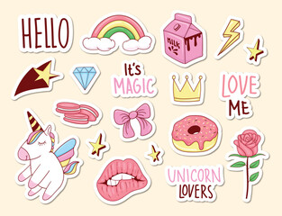 Set Of Colorful cute Unicorn Stickers with some cute elements