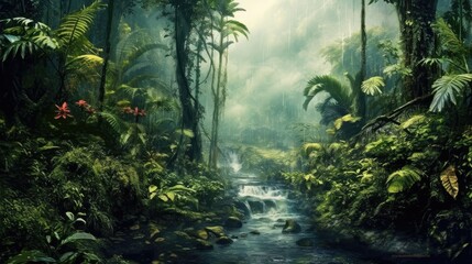 Tropical forest in the rain. Generative AI - obrazy, fototapety, plakaty