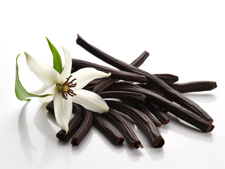 Naklejka premium A white flower is next to a vanilla bean.