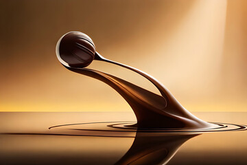 Chocolate bonbon dropping into liquid chocolate with yellow background