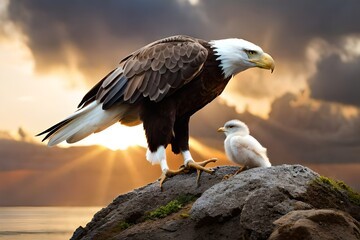 Fototapeta premium Bald eagle and its chicks, Generative AI