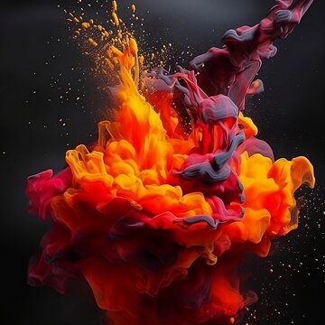 Explosi&oacute;n de humos densos naranjas, rojos y morados. Arte abstracto. Generative AI.