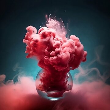 Matraz ebullendo explosi&oacute;n de humo de tonalidades ros&aacute;ceas y rojizas. Arte conceptual. Generative AI.