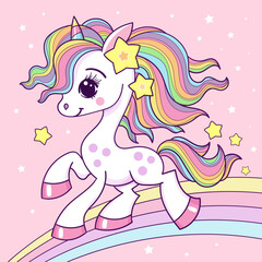 A cartoon unicorn with a rainbow mane runs across the rainbow. The theme of magic and fantasy. For children's design of prints, posters, stickers, cards. congratulations and so on. Vector illustration