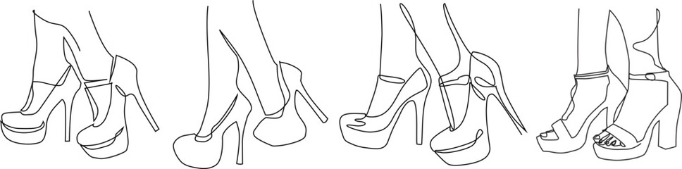 Set of women's high heels continuous line drawing bundle