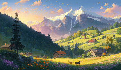 An idyllic Swiss countryside scene with rolling hills and verdant pastures, dotted with quaint villages and colorful wildflowers, with a herd of grazing cows in the foreground, evoking a feeling.