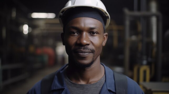 A smiling African male factory worker standing in oil refinery plant. Generative AI AIG19.