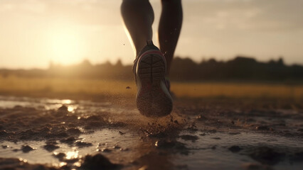 The runner runs in the mud at sunset, legs in sneakers close-up. AI generative.