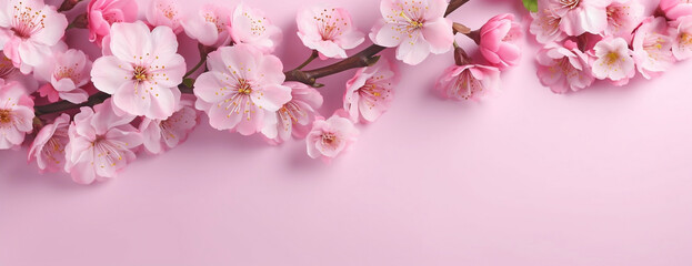 Blooming Spring Sakura Flowers in Top-View Flat Lay for Mother's Day or Spring Sale Banner, generative AI