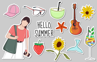 Colorful Hand drawn summer element stickers collection