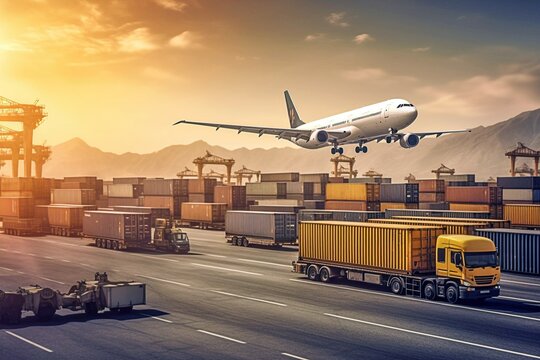 Integrated Transport:  Expansive Business Logistics Hub Showcasing Integrated Transport with Cargo Plane, Freight Truck, and Containers