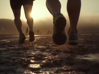 Runners runs on a dirt road at sunset, legs in sneakers close-up. AI generative.