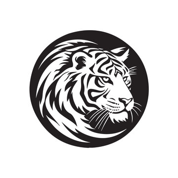 Abstract tiger head, icon logo template design, isolated white background. Black and white in doodle. cartoon style