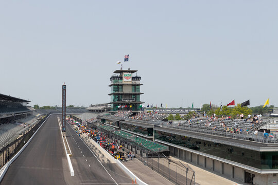 Indy 500 practice sessions at Indianapolis Motor Speedway, including the IMS Pagoda. IMS is The Racing Capital of the World.