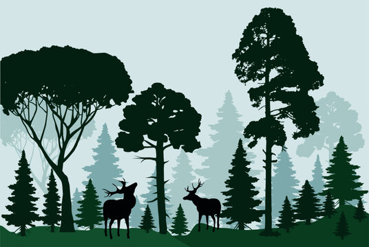 Forest silhouettes with deers and pine trees