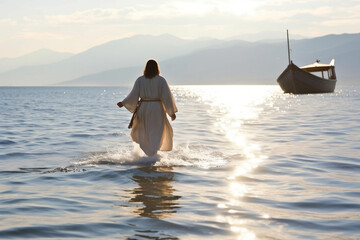 Miraculous portrayal of Jesus Christ walking on water at Sea of Galilee, generative AI - obrazy, fototapety, plakaty