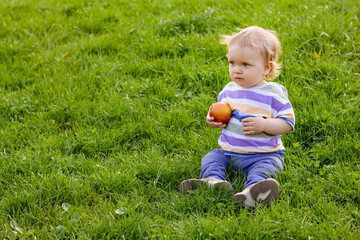 Cute little toddler boy eating ripe red apple outdoor