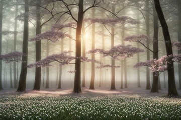 Flowering forest on foggy sunset sunrise, spring floral botanic nature background wallpaper. Wild forest flowers snowdrops, 