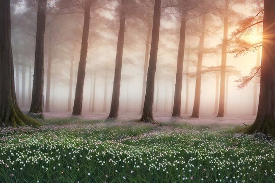 Flowering forest on foggy sunset sunrise, spring floral botanic nature background wallpaper. Wild forest flowers snowdrops, 