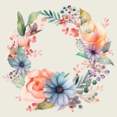 Wreath, floral frame, watercolor flowers roses, Illustration hand painted. Isolated on white background. Perfectly for greeting card design. Generative Ai.