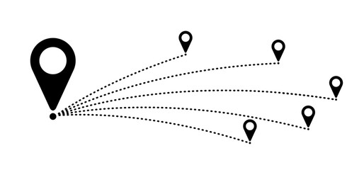 Pointer or point trekking route. Marks, location martker icon. Pin between multiple points. Navigation and travel concept. Dotterd track, line pattern. Map, road, direction arrow. Pins points mark.