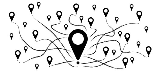 Pointer or point trekking route. Marks, location martker icon. Pin between multiple points. Navigation and travel concept. Dotterd track, line pattern. Map, road, direction arrow. Pins points mark.