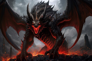 Massive dragon with black scales, red eyes, and a razor - sharp tail. It is said to be able to breathe poisonous fire and has the ability to control the elements of darkness and death,Generative AI