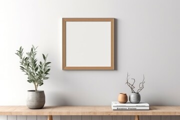 Fototapeta na wymiar AI Generated Empty wooden picture frame mockup in home hanging in the wall background