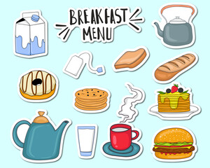 Set Of Colorful Hand Drawn Breakfast Menu Elements