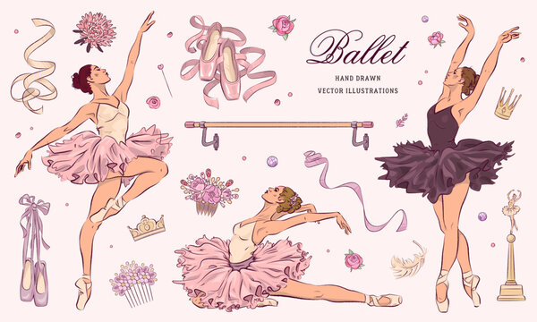 Hand drawn sketch ballet set. Vector illustration of ballerina and ballet studio elements isolated on background