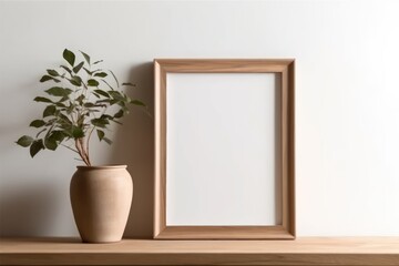 Fototapeta na wymiar AI Generated Empty wooden picture frame mockup in home hanging in the wall background