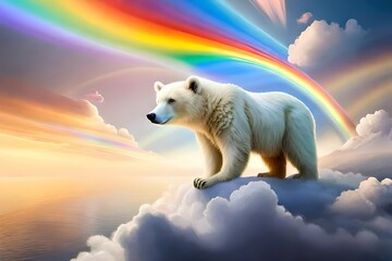 Fototapeta premium a white cartoon teddy bear on a cloud and around them a rainbow